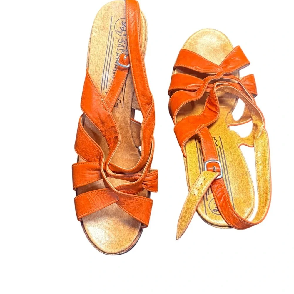 Salamander Orange Leather Strappy Cork Wedge Sandals Womens 7.5 Made‎ in Germany
